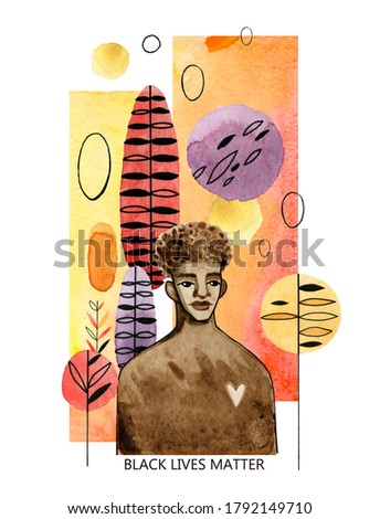 Watercolor illustration of african american man in modern futuristic style with the slogan Black Lives Matter.Abstract elements are arranged on a vertical strip and isolated on a white background.