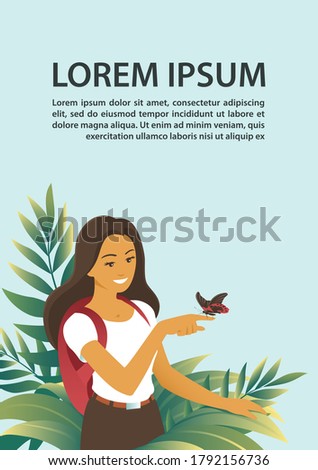 The tourist girl saw an exotic butterfly among tropical thickets. Poster with place for text. Vector isolated illustration about nature and travel.