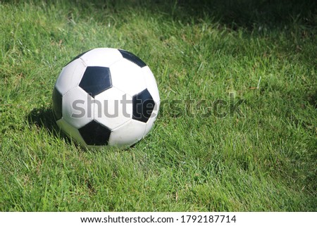 traditional soccer ball on soccer field on green grass. Sports concept.
