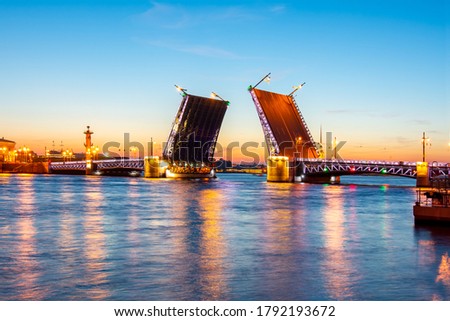 Open Palace Bridge and Neva river at white night, Saint Petersburg, Russia