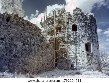 unusual surreal landscape with trees and old castle ruins. Photographed with an infrared filter, infrared photography