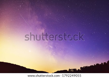 Milky Way, Jupiter and Saturn Planets and satellite  in the night.