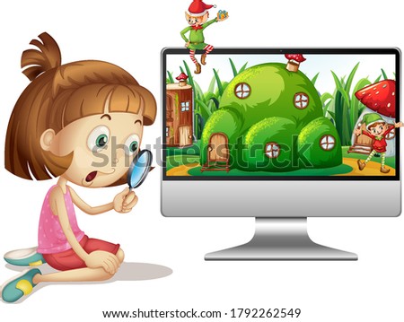 Girl with magnifying glass next to computer illustration