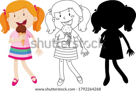 Girl eating ice cream in colour and silhouette and outline illustration