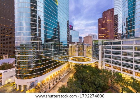 Houston, Texas, USA downtown cityscape at dusk in the financial district.