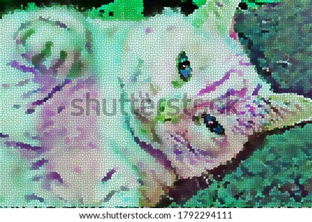 Pixelated Green and Pink Cat with Reaching Paw