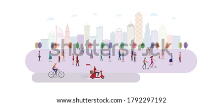 A group of people in the city park. People in various gestures, such as standing, walking, talking with mobile phone. Website header or banner design. Vector illustration.