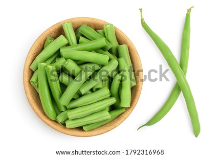 Green beans in wooden bowl isolated on a white background with clipping path, Top view. Flat lay Royalty-Free Stock Photo #1792316968
