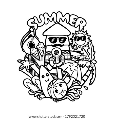 doodle art summer illustration with balls, surfboards, anchors, buoys, sandals, umbrellas, starfish, ice cream, cameras, watchtowers on the beach, sun, coconut trees