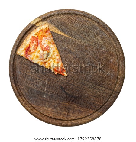 A piece delicious pizza served on wooden plate isolated on white. File contains clipping path.