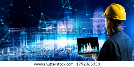Asian engineer smart city IOT internet of thing digital technology futuristic, online process industry automation management smart digital technology and power energy sustainable city. Royalty-Free Stock Photo #1792365358