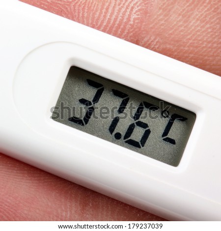 Thermometer in hand, closeup on white