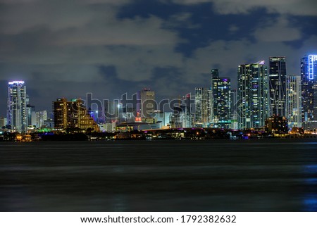 Miami business district, lights and reflections of the city. Miami night downtown