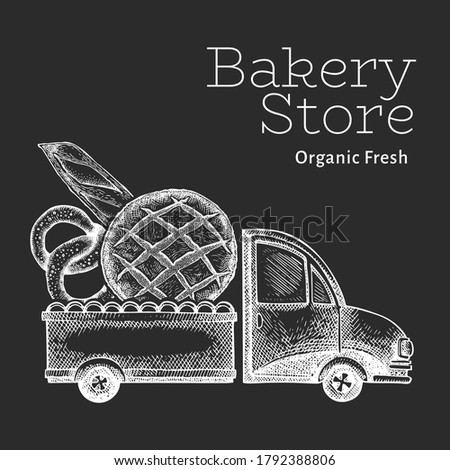Bakery delivery logo template. Hand drawn vector truck with bread illustration on chalk board. Engraved style vintage food design.