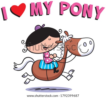Cute cartoon illustration of a girl riding a little horse or pony.