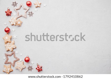 Christmas greeting card mockup. Composition of festive sweets and decorations with copy space. New year eve, holiday design, cozy celebration atmosphere