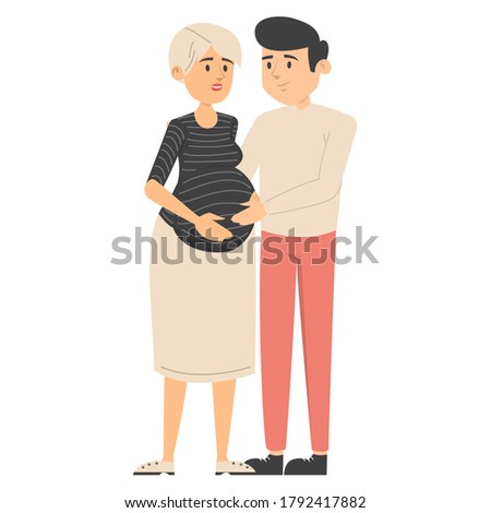 Pregnant woman with husband vector isolated. Happy couple expecting baby. Man touching belly. Young mother and father.