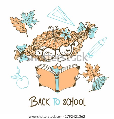 Cute red-haired girl with pigtails reading a book. Back to school. Vector.