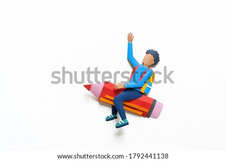 African American student flying on a pencil Paper crafrt. Education concept. White background.