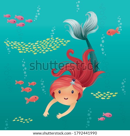 Cute Little Mermaid with Long Red Hair Smiling and Swiming Down in the Ocean with Colorful Fish Character Design Vector Gradient Illustration Vector Brush Painting Clip Art Cartoon 