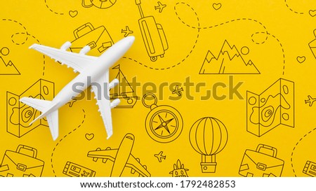 Travel background with yellow pattern with elements and dash lines.