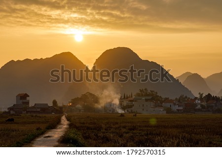 Rice fields in the Bac Son Valley of Vietnam at Sunset