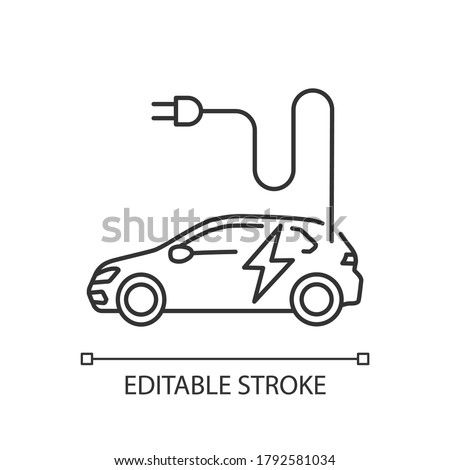 Electric vehicle linear icon. Environmentally clean automobile thin line customizable illustration. Contour symbol. Electric car with charging plug vector isolated outline drawing. Editable stroke