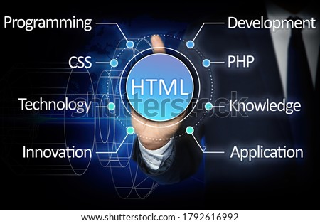 Web development. Man near virtual screen with scheme, closeup 