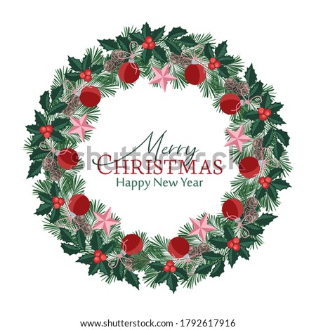 Vector illustration of a Christmas wreath with ornaments. Christmas balls in a branch with mistletoe