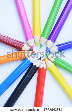 Colorful flat lay background with craft supplies School color pencils back to school