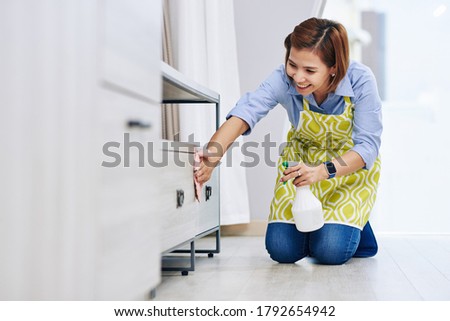 Happy Asian housewife wiping doors of cabinets with desinfecting spray Royalty-Free Stock Photo #1792654942