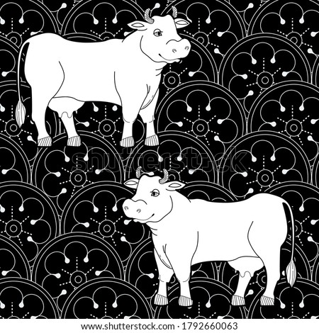 Art therapy coloring page. Coloring Book for children and adults. Colouring pictures with cow. Antistress freehand sketch drawing with doodle and zentangle elements.