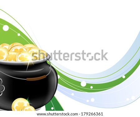 Leprechaun pot with gold coins on background with waved blue and green elements 