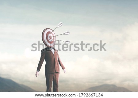 surreal man with target on head hit by arrows from sky, targeting concept Royalty-Free Stock Photo #1792667134