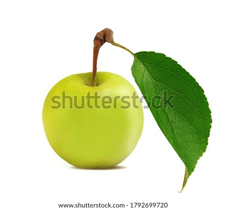 yellow apple with green leaf on white background