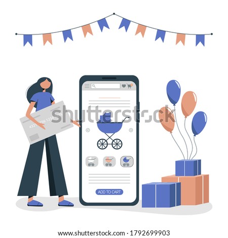 Baby online store, buying baby stroller. App on mobile phone. Isolated vector illustration in flat style. Online shopping concept.