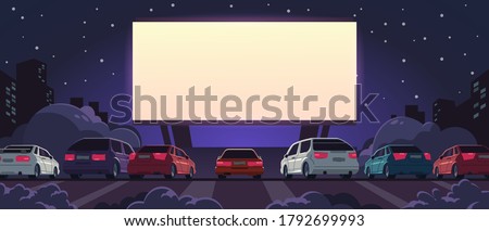 Drive-in cinema. Open space auto theater with cartoon glowing white screen and car parking, outdoor movie at night. Vector illustration automobile outdoor parking Royalty-Free Stock Photo #1792699993