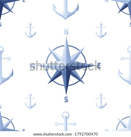 Anchors and wind rose vintage seamless pattern. Retro vector marine endless background
