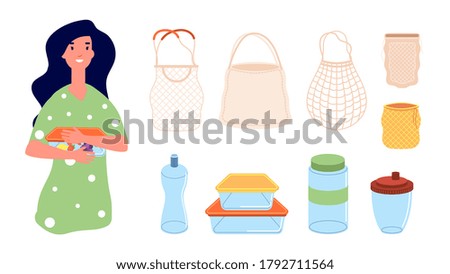 Eco bags. Woman with reusable lunch box. Zero waste elements, isolated textile packages for shopping. Containers for food, mugs and bottle vector illustration Royalty-Free Stock Photo #1792711564
