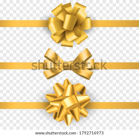 Gold gift bows with ribbons. Realistic horizontal silk yellow ribbon with decorative bow, festive elements decor, gift satin luxury tape vector set isolated on transparent background