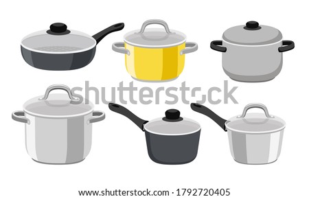 Pans pots and saucepans. Kitchen pan objects, cartoon kitchenware tools collection for cooking, vector illustration of elements for boiling and frying isolated on white background Royalty-Free Stock Photo #1792720405
