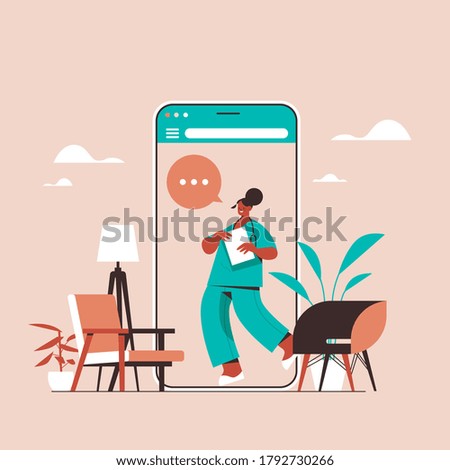 female doctor in smartphone screen chat bubble communication online consultation healthcare medicine medical advice concept vector illustration