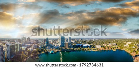 Panoramic aerial view of Lake Eola and surrounding buildings, Orlando - Florida.