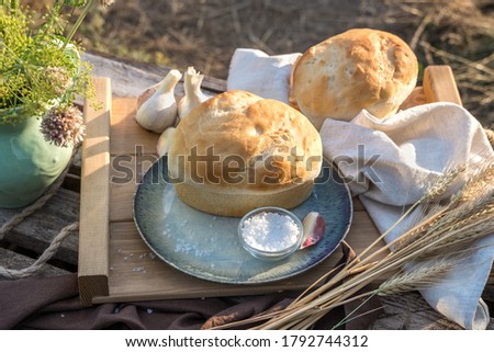 Still life of bread, wheat, garlic and salt on a wooden box in natural conditions in nature. The concept of farm products, natural food, cooking with your own hands, the unity of man with nature.