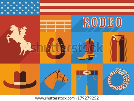 Rodeo horse set of wild west icons.Vector illustration of flat design style