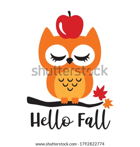 Vector illustration of a cute baby owl with Apple on a maple branch.