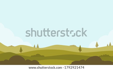 Beautiful fields landscape with a green hills, trees, bushes, bright color blue sky. Rural landscape. Countryside background for banner, animation. Vector flat illustration