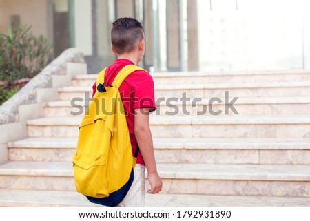 Back to school. Pupil boy with backpack going to school. Childhood and education concept