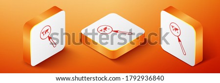 Isometric Magnifying glass with world map icon isolated on orange background. Analyzing the world. Global search sign. Orange square button. Vector