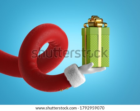 3d render, funny santa claus cartoon character hand in red sleeve with white fur holds green wrapped gift box with golden bow. Christmas clip art isolated on blue background